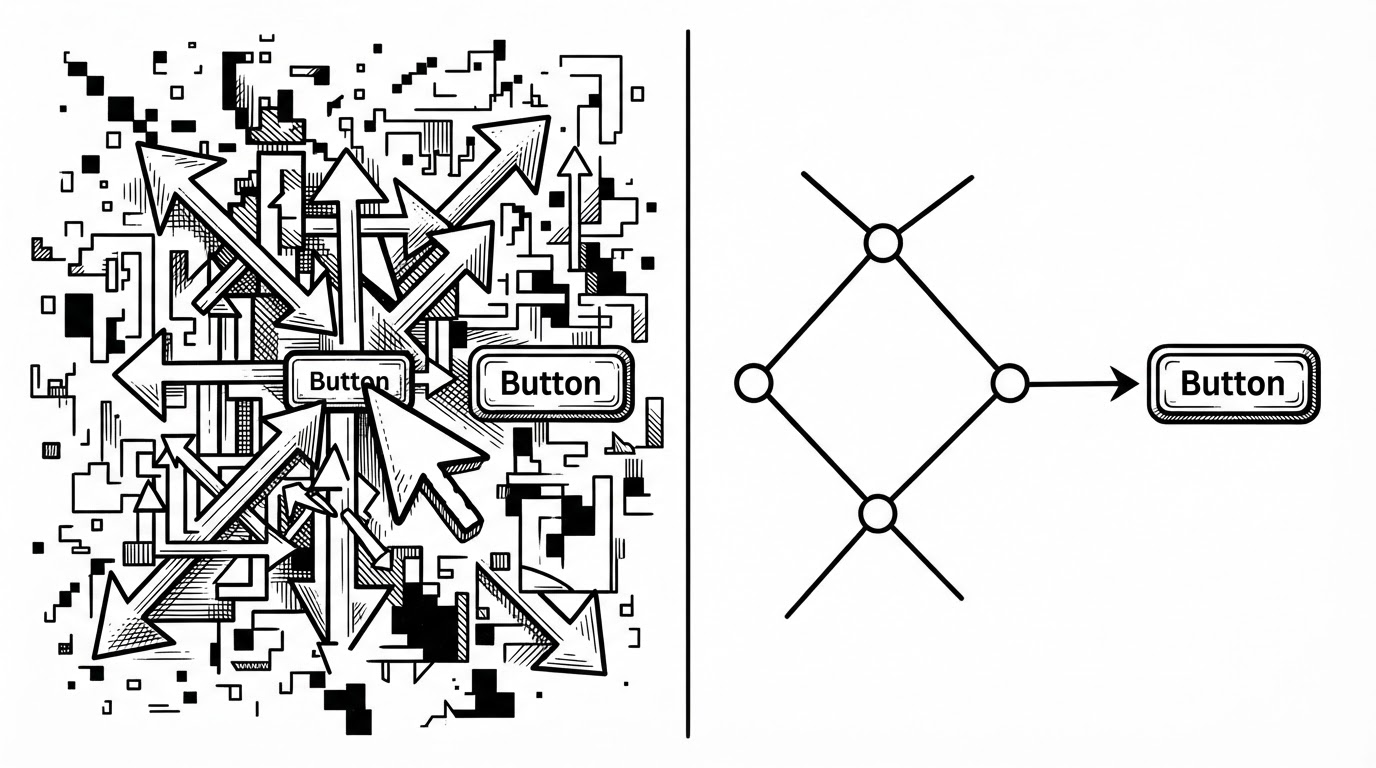 A comparison illustration showing two paths into the same Windows interface. On one side, a cluster of fragmented pixels and coordinate arrows tries to find a button. On the other, a clean branching tree leads directly to the same control. The image explains why structured UI data is more reliable than screen scraping.