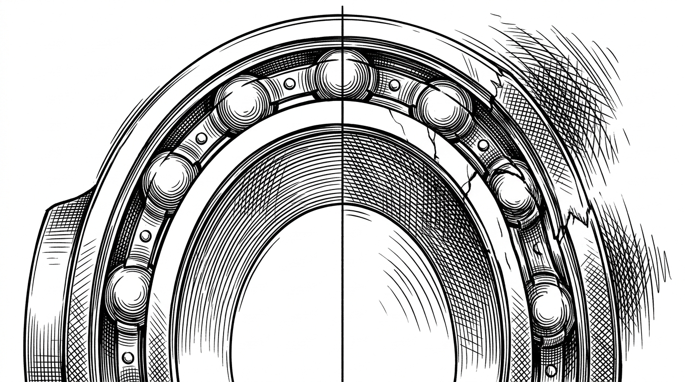 A close-up mechanical cross-section of a rotating bearing where one side still turns smoothly and the other side shows a tiny crack, increasing vibration, and a drifting motion path. The scene explains how the simulator models gradual degradation instead of instant failure.