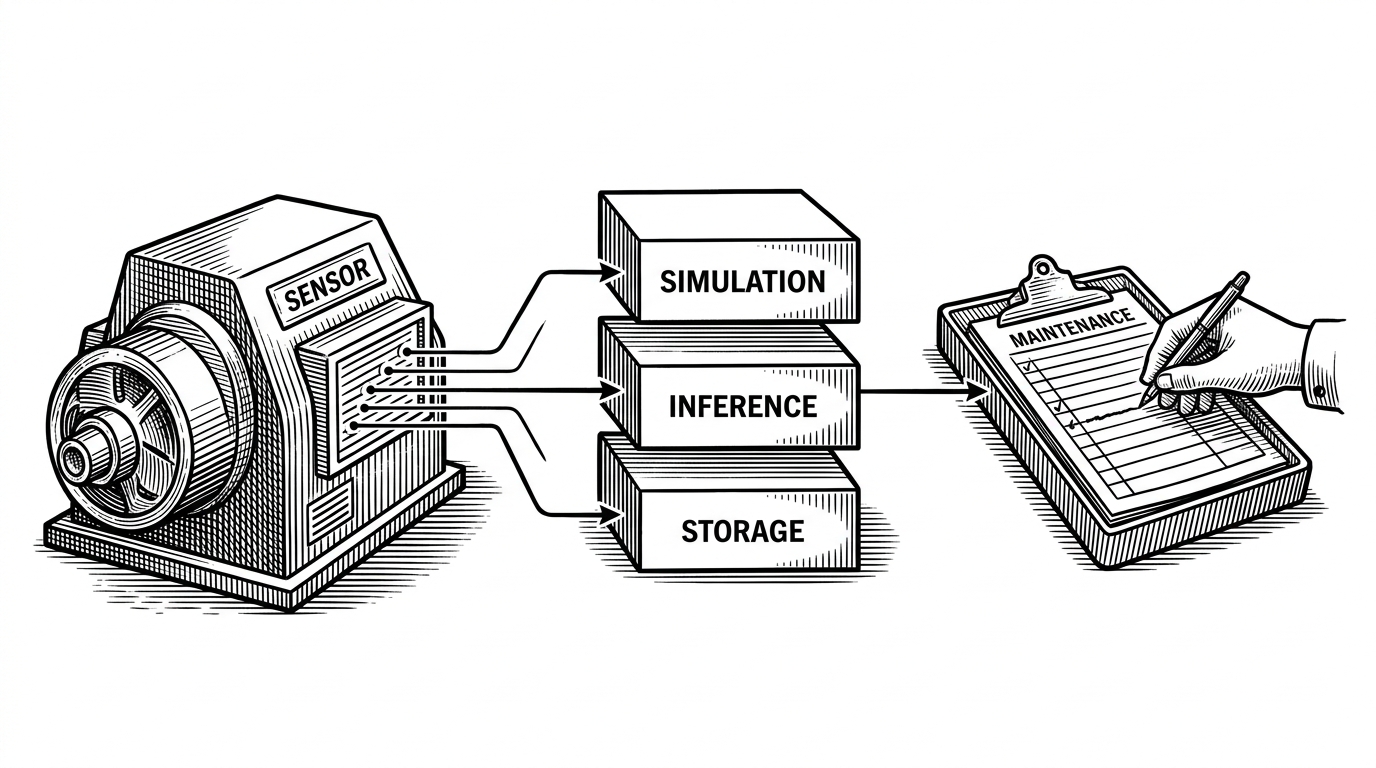 A wide industrial control room scene where a machine on the left sends a live stream of signals through a middle layer of simulation, inference, and storage blocks, then into a work-order tray on the right. The image explains how telemetry becomes an operational action instead of stopping at a dashboard.