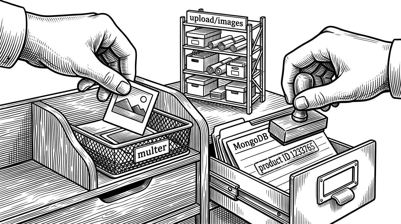 A close-up of a Node server desk where one hand drops an image file into a tray labeled multer and another hand stamps a MongoDB record card with a sequential product ID. A tiny rack labeled upload/images sits beside the desk. The scene explains how upload storage, file naming, and record creation work together.