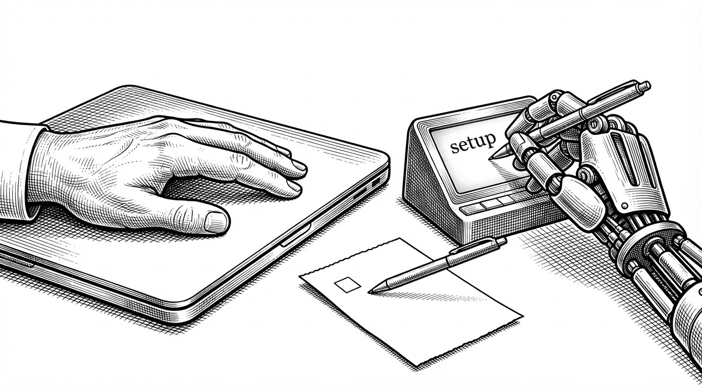 A close-up editorial illustration of a human hand resting on a closed laptop lid while a mechanical hand writes the word setup on a terminal screen and pauses mid-stroke. A short checklist sits between the two hands with a single unchecked box and a pen hovering above it. The scene depicts the human-in-the-loop approval step where an agent shows its plan before modifying a machine.