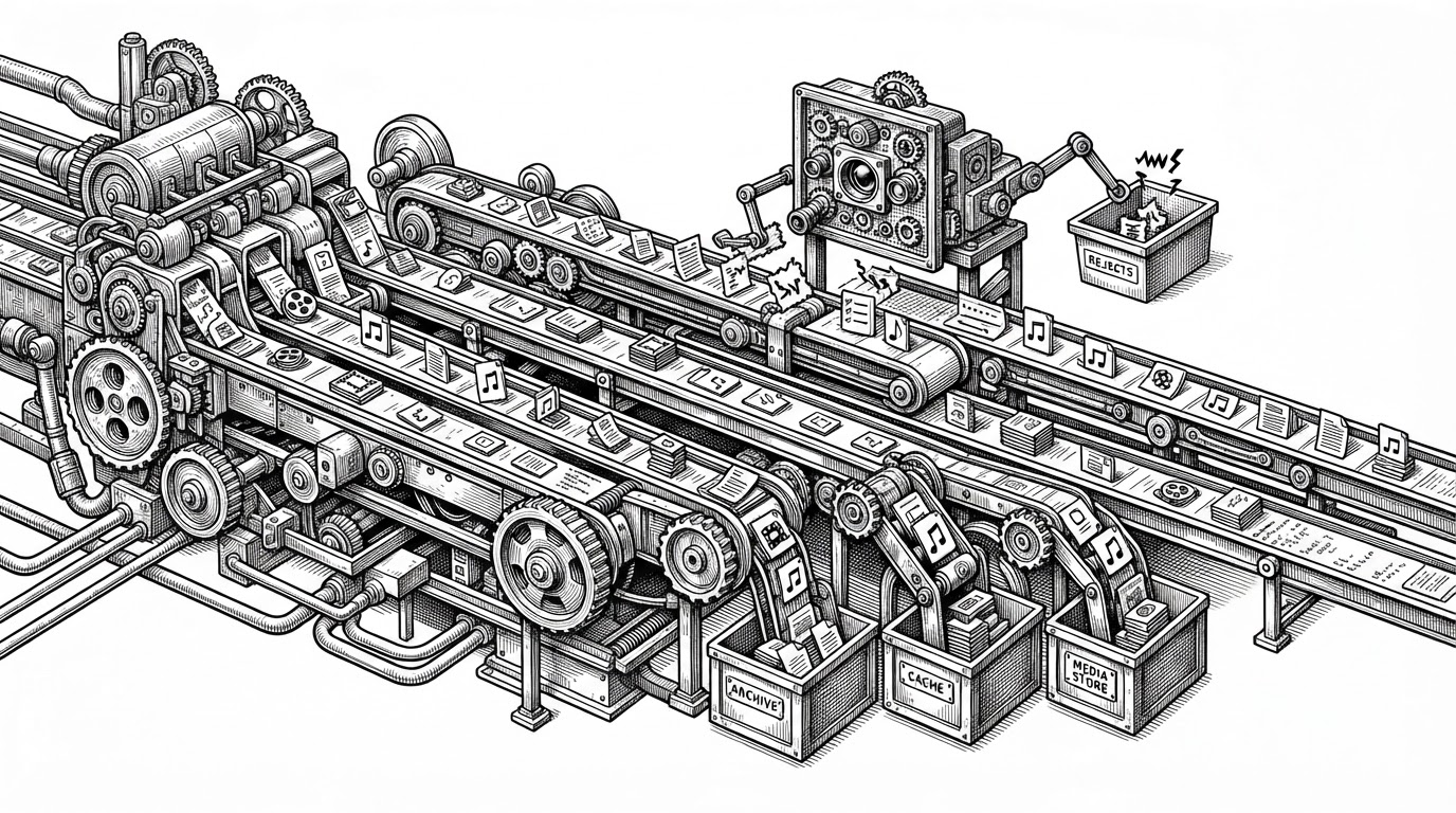 A close-up black-ink illustration of an async conveyor where media items and metadata packets travel in parallel lanes. Some packets branch into storage bins labeled by shape, not text, while a small validation gate filters malformed records before they continue. The image explains how concurrency and structured persistence work together in the pipeline.