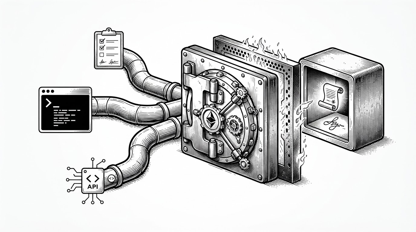A wide black-ink editorial illustration showing three intake paths, a terminal prompt, a clipboard icon, and a web API node, feeding into a locked central vault. Behind the vault sits a narrow sealed compartment separated by a thin firewall line, suggesting the protected signature layer is isolated from the rest of the system. The image explains that the project is organized as a platform with multiple front doors and a contained core.