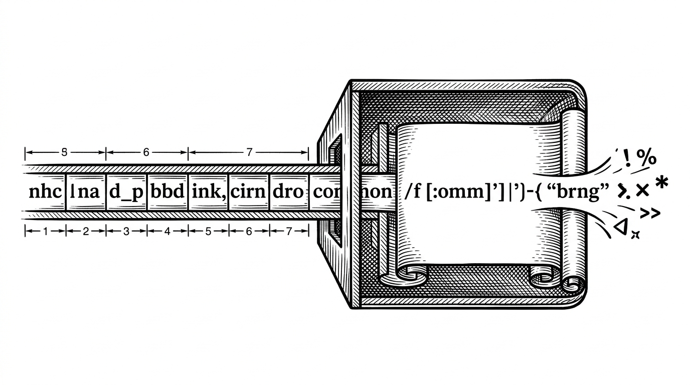 A close-up cross-section shows a chain of DNS labels on the left being threaded through a parser gate. On the right, the same string expands inside a shell script, and one unquoted segment spills into command execution. The image explains how a valid-looking payload becomes dangerous at the handoff point.