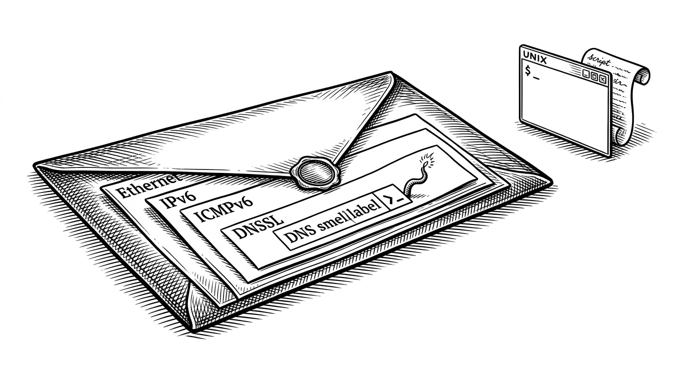 A sealed IPv6 Router Advertisement packet floats toward a small UNIX daemon window. The packet is layered like an envelope, and one DNS label hides a tiny shell prompt curling outward like a fuse. It explains how a legitimate network message can become a command execution path.