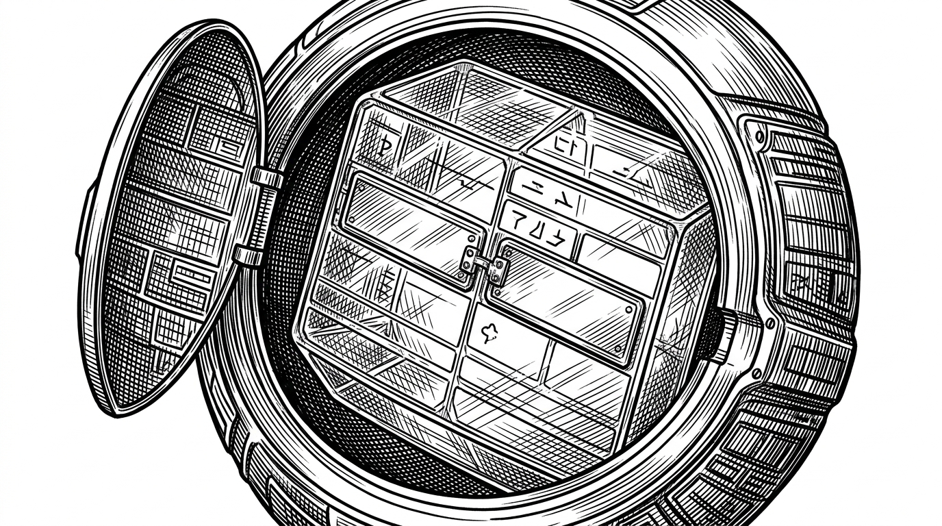 A close-up of nested packet layers opening like concentric shells. The outer ICMP error reveals an inner IP header built from transparent panels, and one address field has been mirrored to look legitimate. The image explains the spoofing trick that keeps the packet moving toward the dangerous branch.
