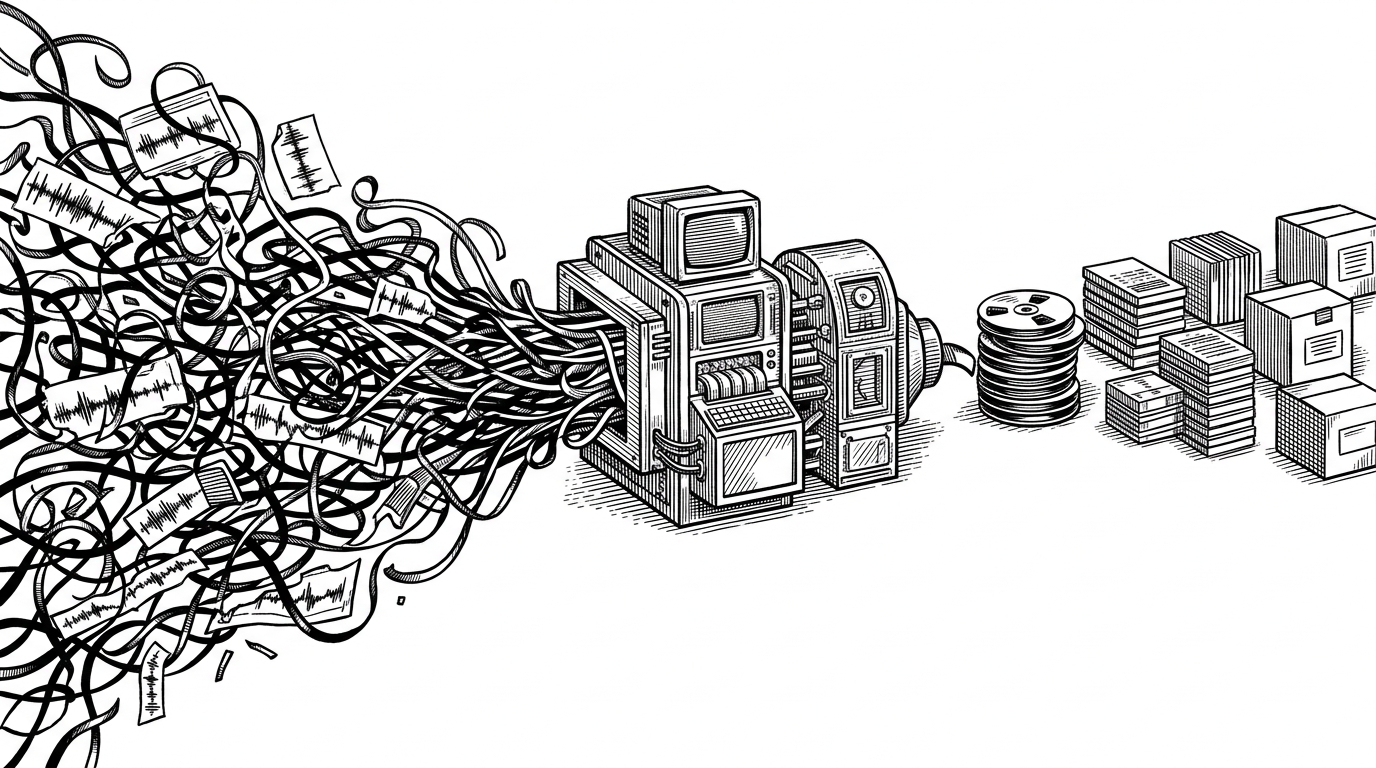 A wide editorial illustration showing a river of tangled audio tape entering a filtering machine and emerging as neat stacked reels and storage blocks. The scene explains that preprocessing turns messy music files into training-ready datasets by removing dead air and standardizing the output.