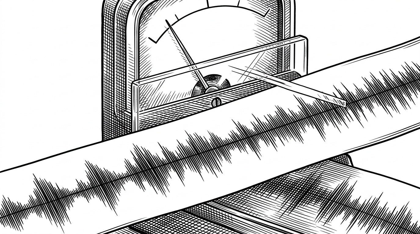 A close-up editorial illustration of a single audio waveform being measured by a mechanical gauge. Dense peaks are kept while a quiet tail is shaved away, showing how a relative threshold preserves musically useful regions and discards low-energy segments.