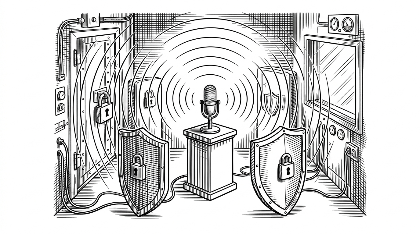 A soundproof laboratory drawn like a vault, with a microphone on a pedestal and acoustic waves pressing against multiple locked barriers. It suggests that voice models are being tested as security-sensitive systems, not just transcription engines.