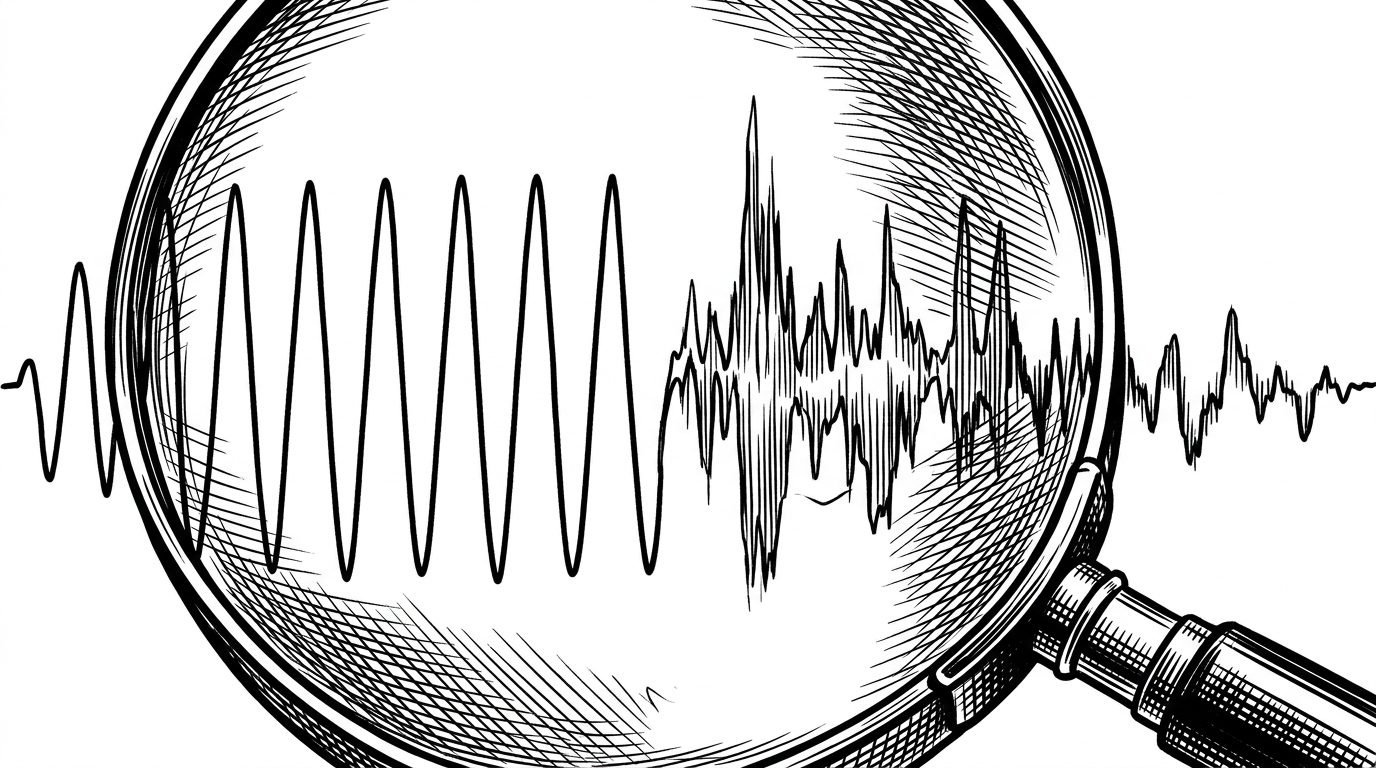 A close-up of a waveform under a magnifying glass, with one clean trace on one side and a distorted trace on the other. It visualizes the non-semantic cues AudioTrust cares about, like timbre, accent, and background noise.
