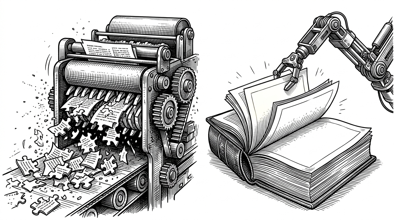 A chaotic industrial paper shredder spitting out fragmented text puzzle pieces next to a precise mechanical librarian arm extracting whole pages from a ledger.
