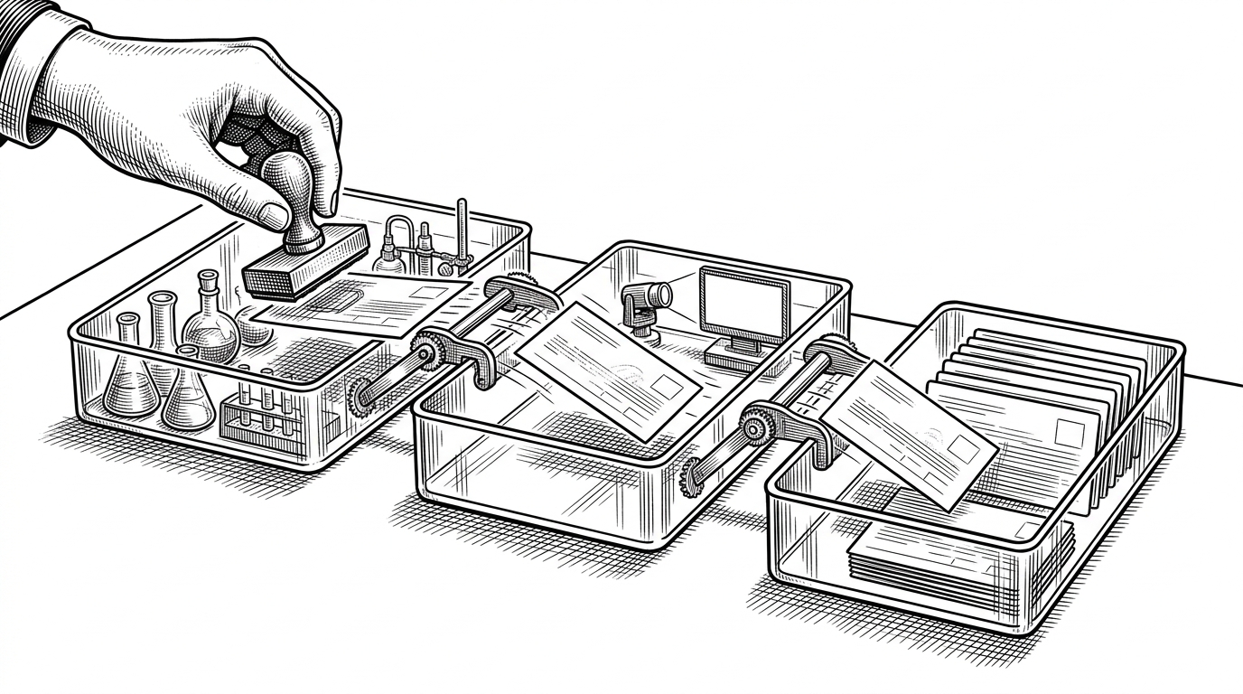 A close-up editorial scene shows one paper card being stamped and sorted into three transparent trays labeled research, demo, and open source. The same card moves through all three trays, showing that one project can succeed across multiple lenses. The image explains the repo's curation logic as a physical process.