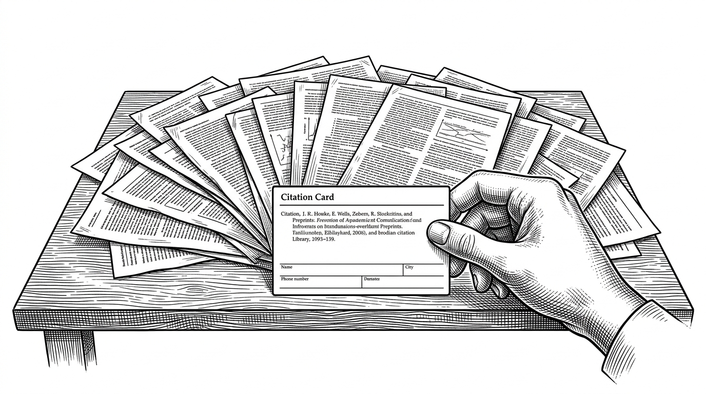 A scholar's desk is covered with overlapping paper versions that fan toward a single clean citation card. The scene explains that the script does more than copy metadata, it chooses the version that deserves to be cited.