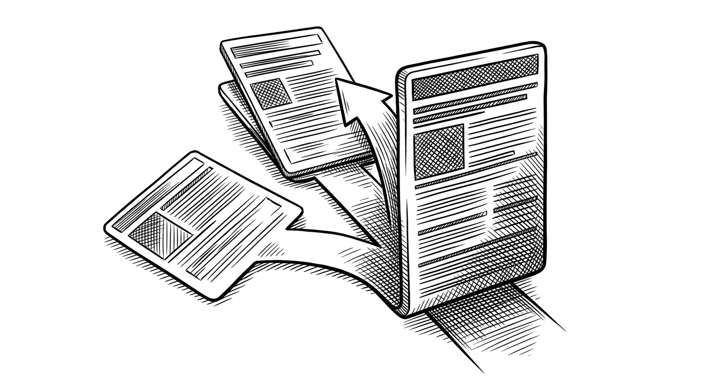 A close-up view of a citation popup that splits into several version cards like a forked path. One card carries denser, more authoritative metadata, and the image explains how the script scores versions instead of taking the first result.