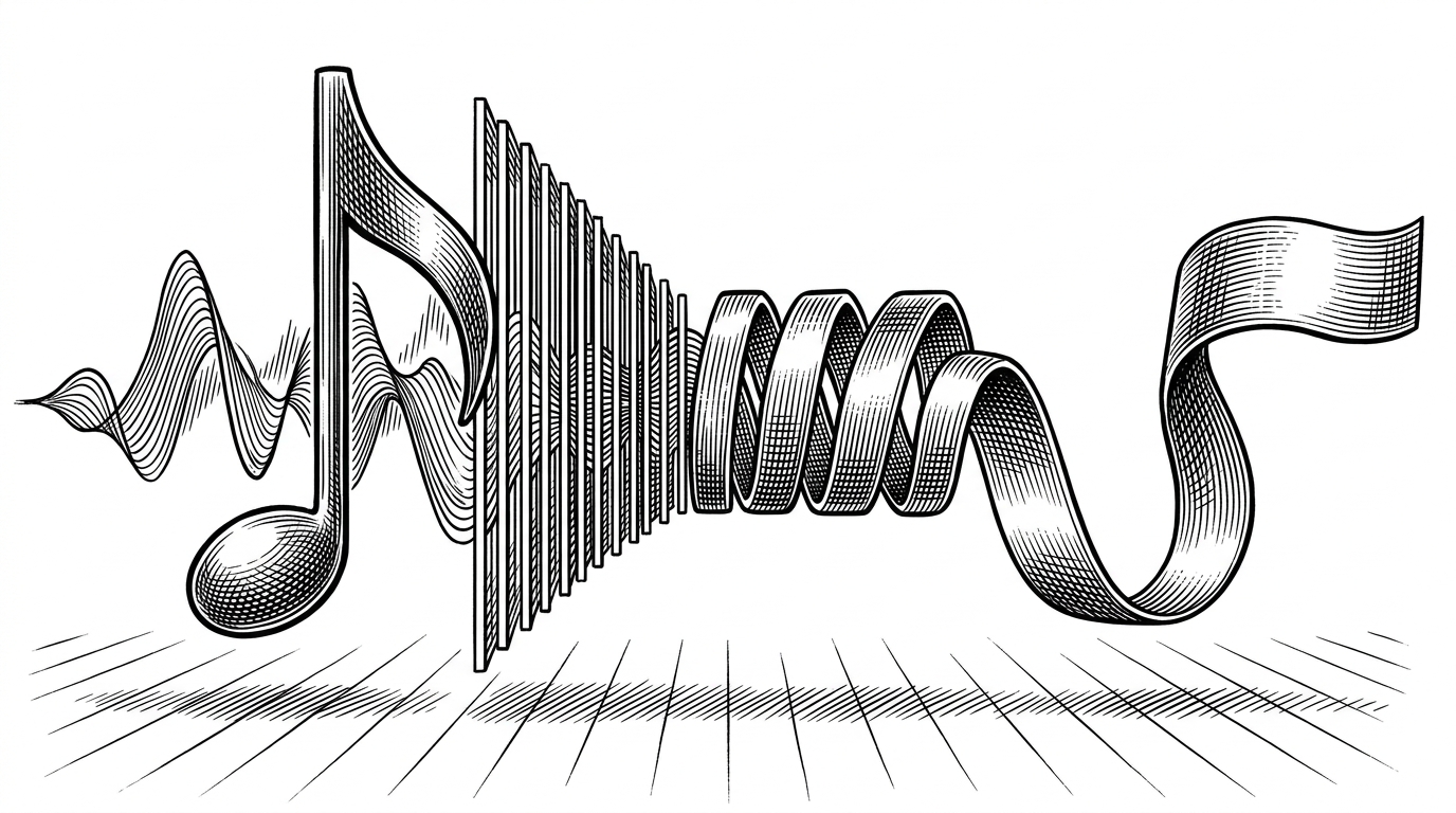 A black ink editorial scene of a concert sound being folded through a mechanical spectral instrument. Thin bands split the sound into ordered layers, then reassemble it into a clean output shape. It explains that Gull treats compression as a reconstruction problem in frequency space, not just a squeeze-and-expand codec.