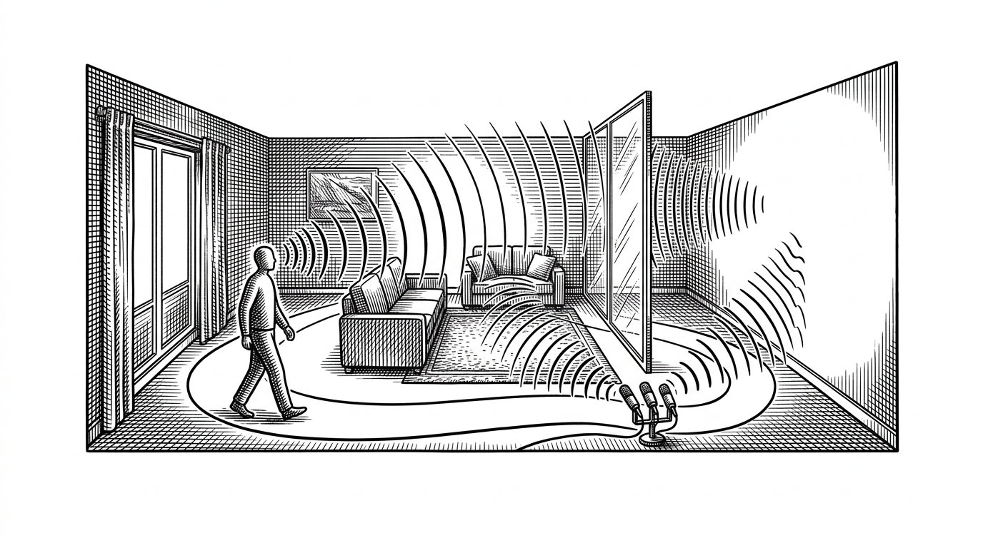 A furnished room with a source moving along a path while reflected sound waves shift shape across the walls, floor, and ceiling. The image explains that SonicSim models acoustics as something continuous, so the sound changes as the source moves instead of jumping from one static snapshot to another.