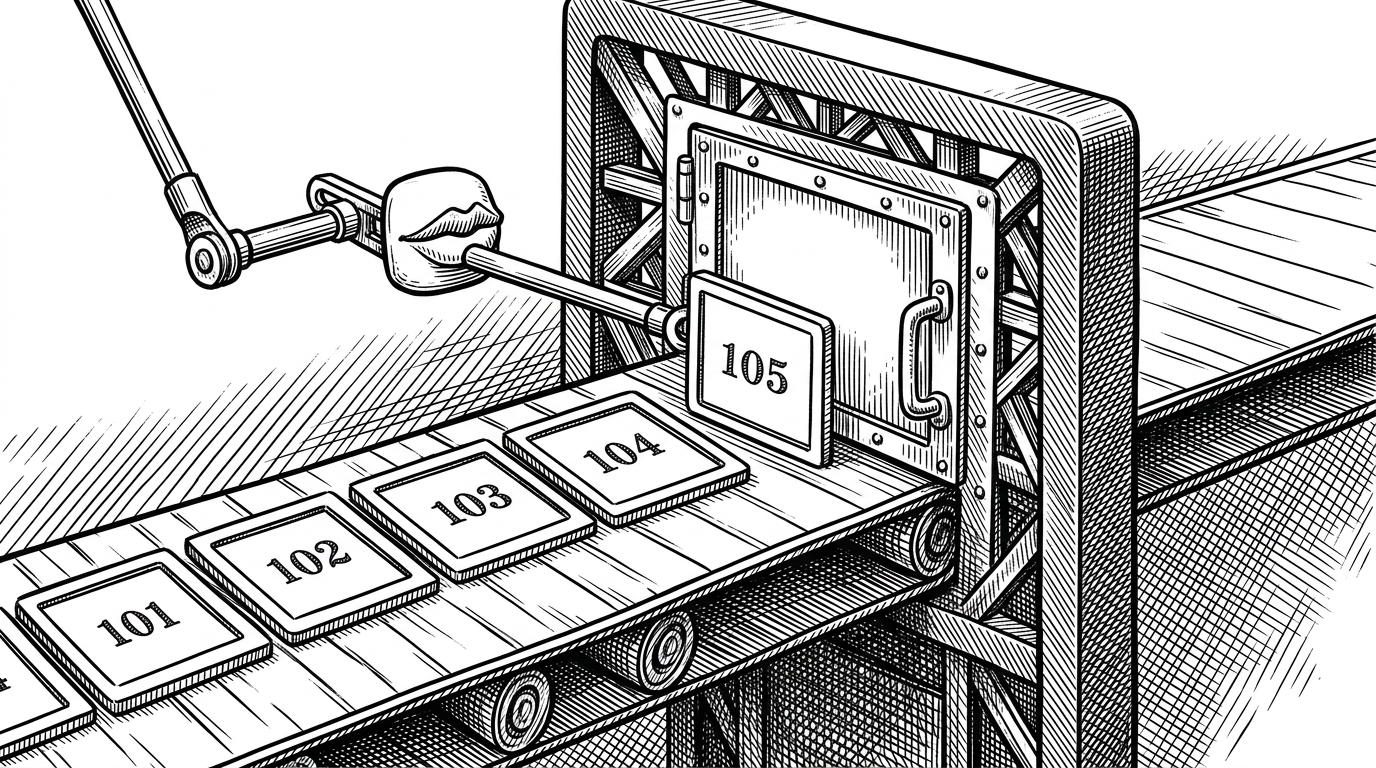 A close-up mechanical conveyor carries audio frames toward a rigid gate that cuts off the unseen future. A small mouth-motion linkage enters from the side and nudges the current frame into alignment, which explains how Swift-Net enforces causality inside the model.