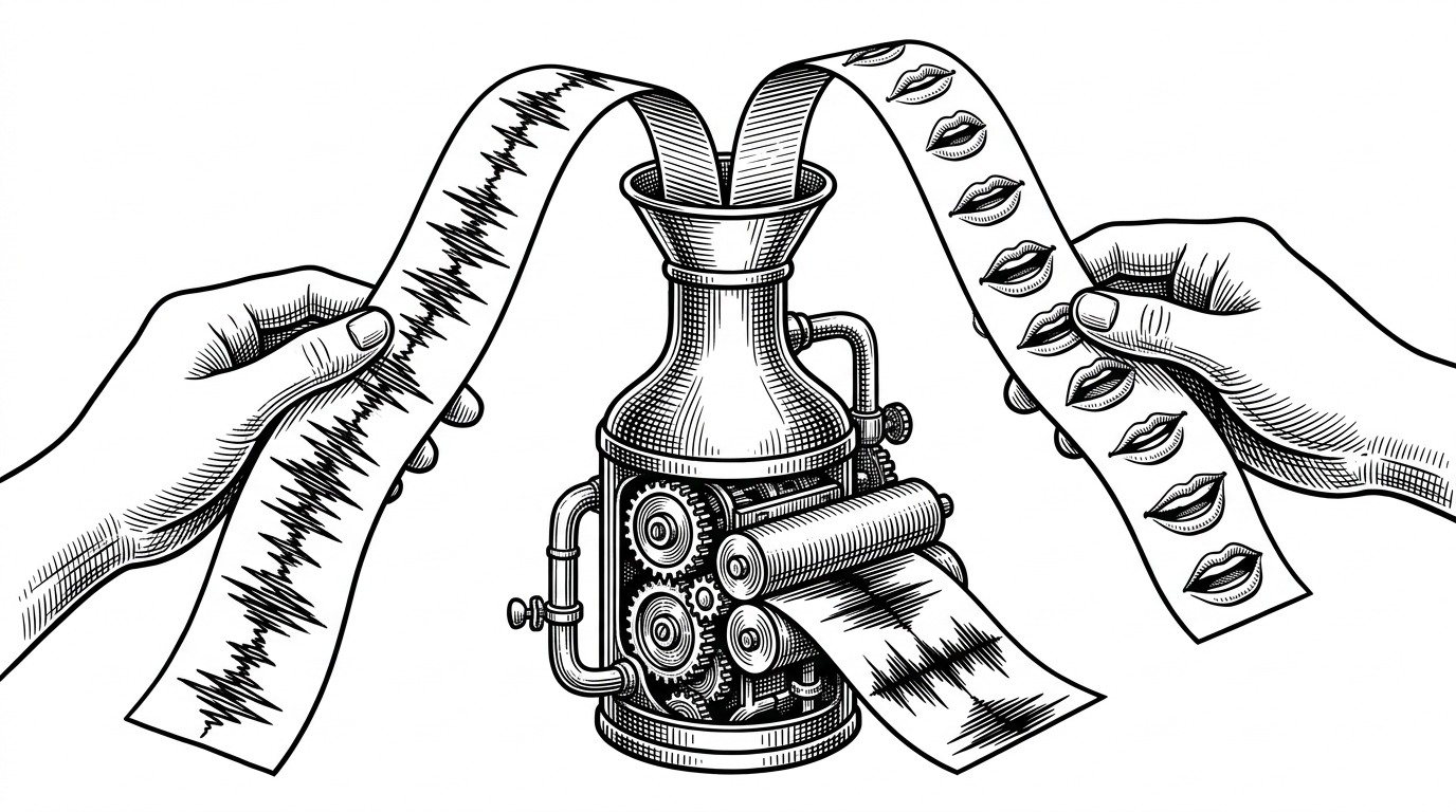 Two separate strips, one jagged like a waveform and one shaped by mouth motion, feed into a brass bottleneck machine that outputs a clean speech mask. The image explains that Swift-Net fuses audio and video into one separation decision instead of treating video as decoration.