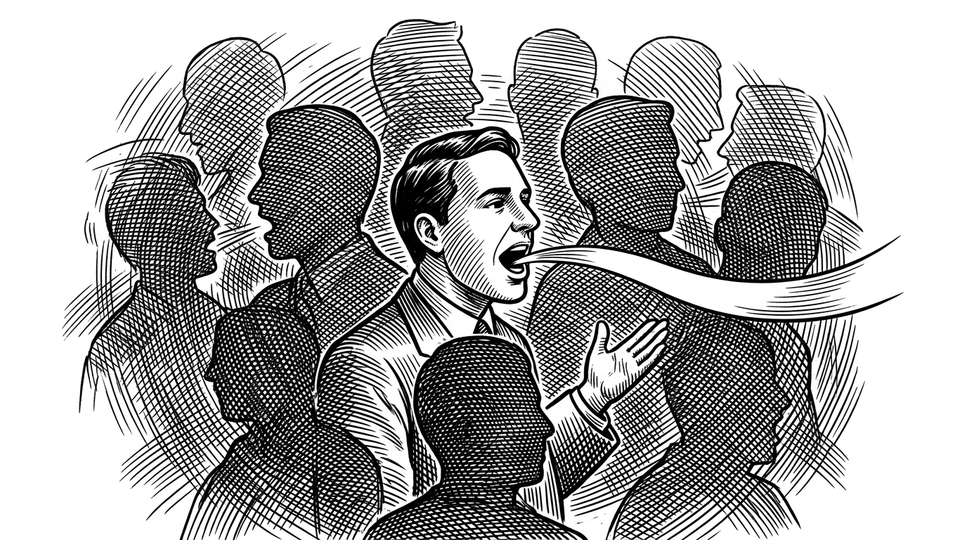 A crowded room with multiple overlapping speakers, rendered as layered black-ink silhouettes. One central speaker is marked by a lit mouth and a clean ribbon of speech being pulled away from the noise, which explains how Swift-Net isolates a target voice in real time with visual guidance.