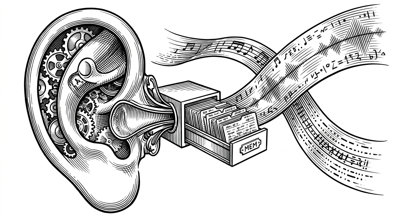 A mechanical ear listens to two overlapping stream lines while a small cache chamber keeps earlier fragments in a locked tray. The scene explains TFACM’s central idea: live speech separation improves when the model can store just enough past context instead of waiting for future audio.