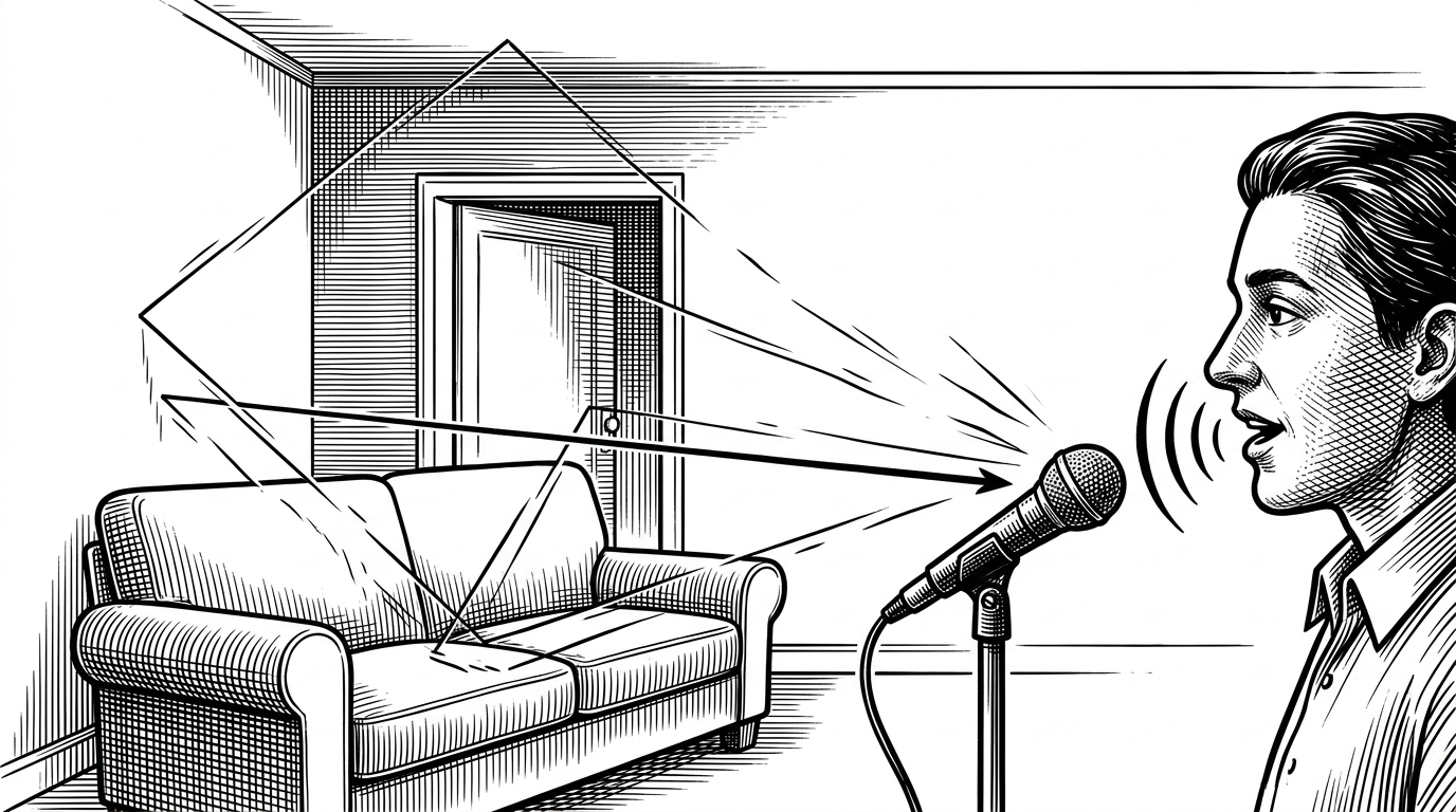 A close-up of a room where a voice bounces off a wall, a sofa, and a half-open door, leaving one direct path and several weaker reflections. The scene explains why EchoSet matters: speech separation has to survive room physics, not just overlap on a clean benchmark.