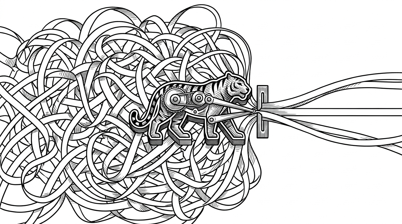 A tiny tiger-shaped mechanism stands between a tangled cloud of overlapping sound ribbons and two clean output streams. The image explains the repo's core promise: separate complex audio while keeping the machine compact enough to feel practical, not industrial.