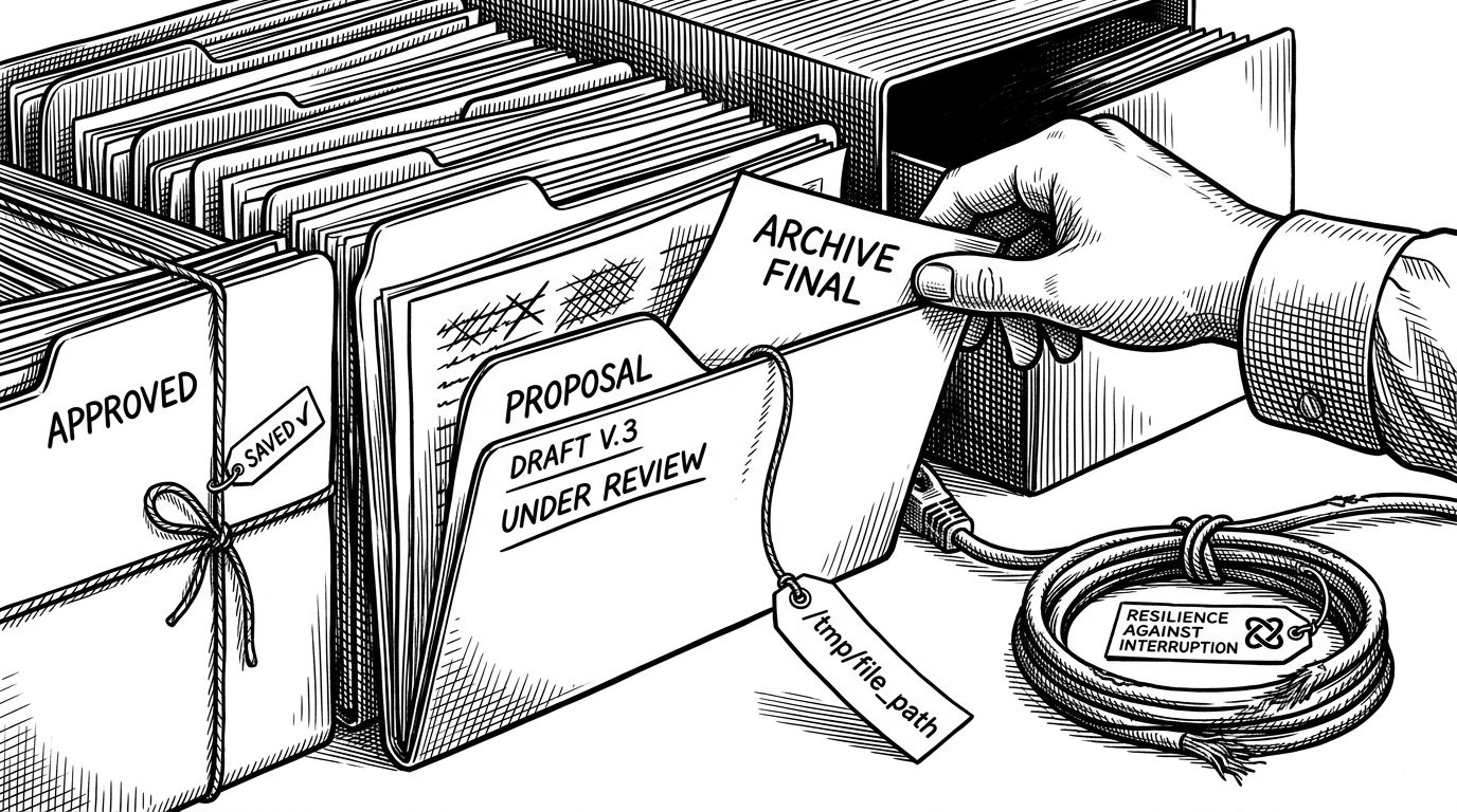 A close-up of file folders, a temp path label, and a taut thread running from a paper to a saved checkpoint. The scene explains how the repo preserves progress after each paper so the workflow can recover instead of restarting.