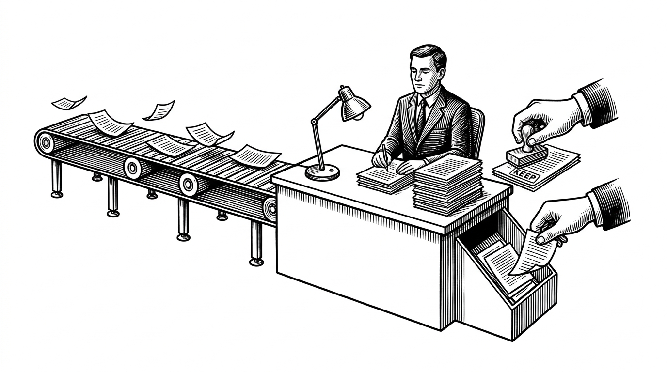 A stern customs checkpoint for tiny academic papers on a conveyor belt, with some papers stamped KEEP and others diverted into a reject chute. The scene explains that this repo is an opinionated filter for speech research, not a neutral feed reader.