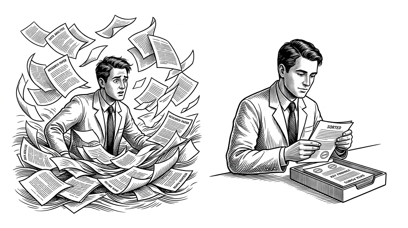 A researcher stands before a crushing wave of loose papers on one side, while the other side shows a small stamped tray of only a few selected papers. The contrast explains how the repo turns overflow into a narrow, trusted reading queue.