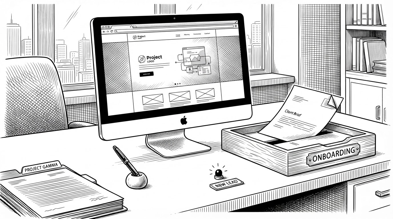 A polished agency desk scene with a widescreen site interface feeding a client brief into a narrow intake tray. It suggests that the website is doing operational work, not just presenting a brand, and frames the template as a lead-conversion system.