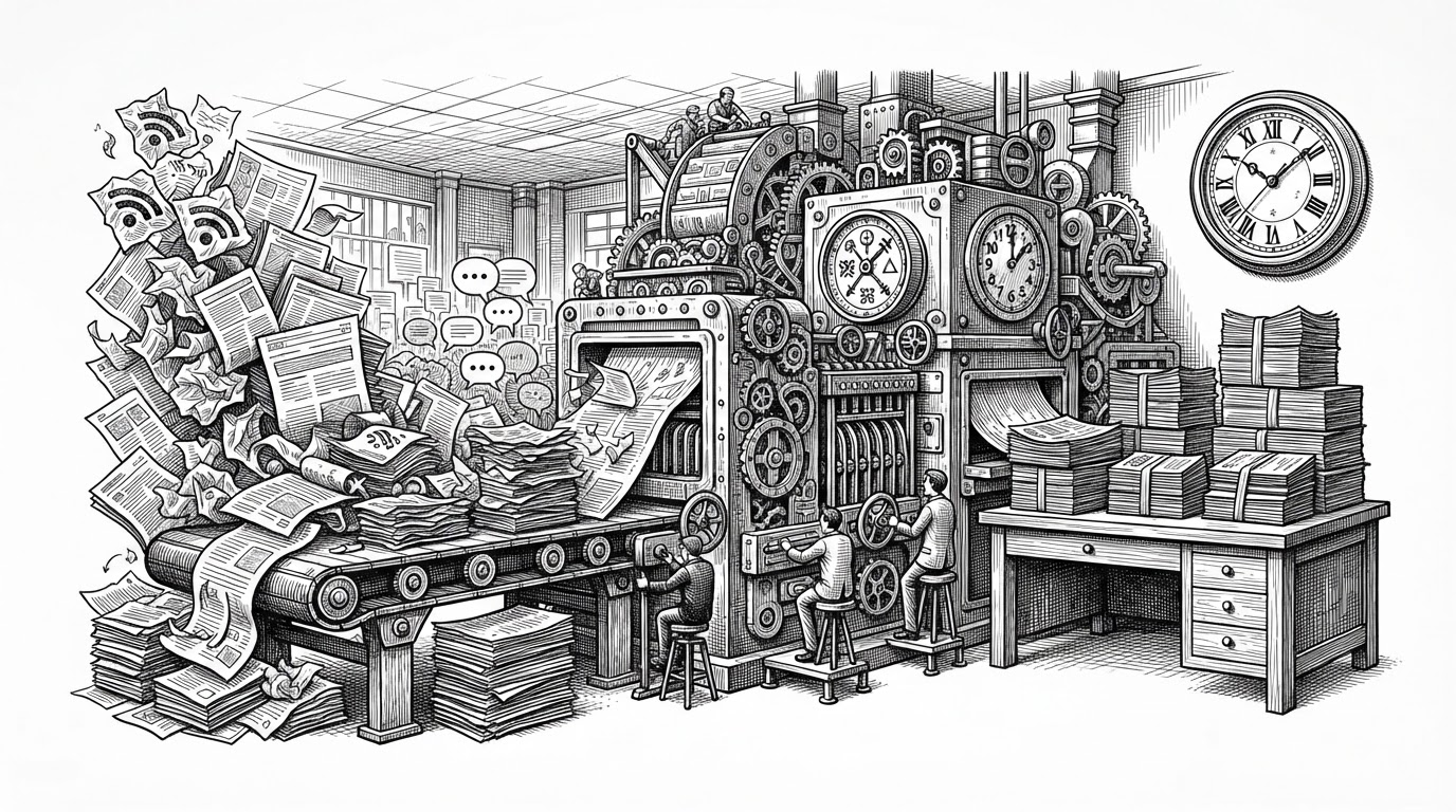 A wide newsroom-meets-factory scene. Chaotic piles of source material move through filtering gates and scoring dials, then emerge as neatly bound briefings on the other side. The image explains that the project is not a chatbot, but an editorial pipeline that converts noisy inputs into published intelligence.