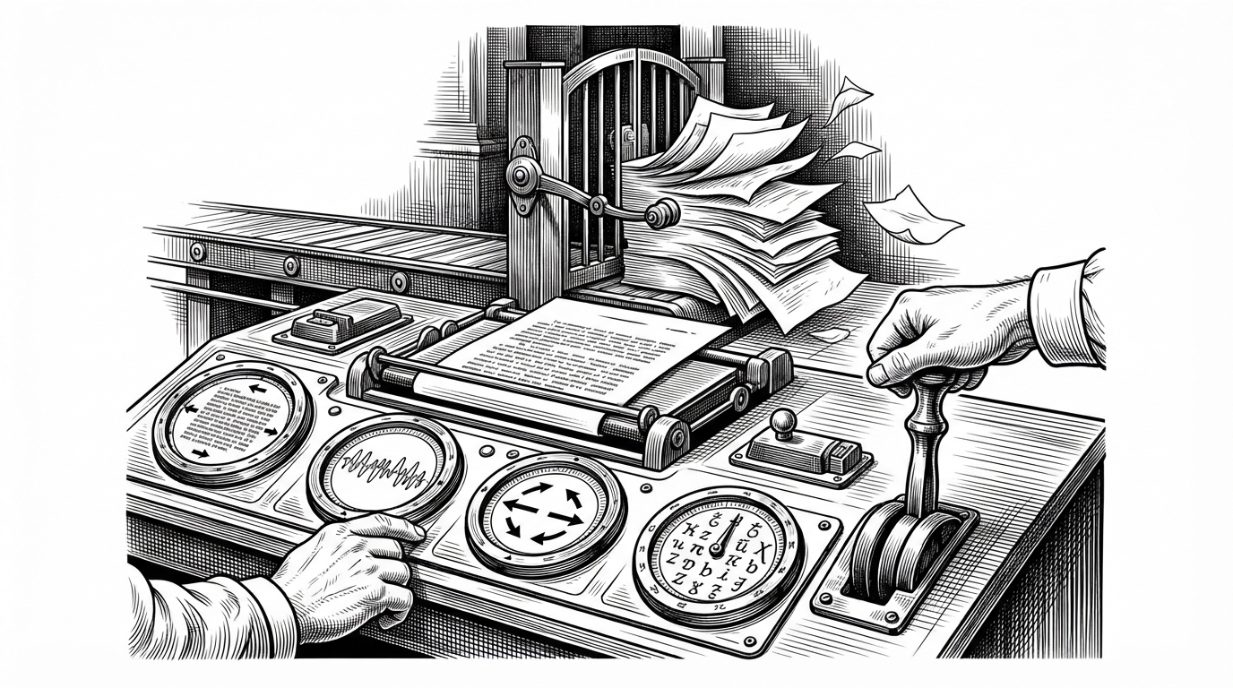 A control room built around a manuscript, with dials for material density, rhythm variation, rhetorical reversal, and translationese. A hand pulls a lever that allows only text with real substance to proceed, while hollow pages are rejected at a gate. The image explains that this repo treats writing quality as a governed process, not a cosmetic rewrite.