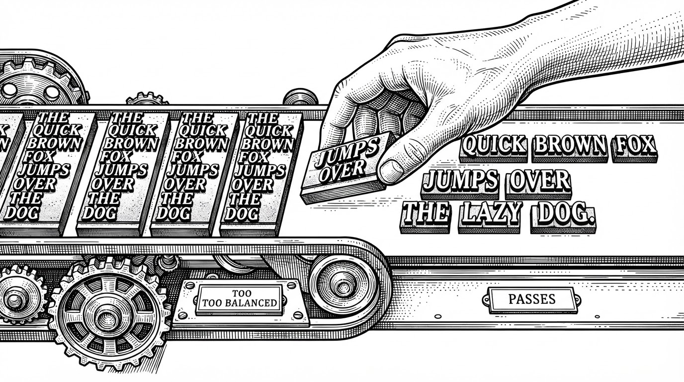 A close-up assembly line of sentence blocks moving from left to right. The left side shows rigid, identical chunks with the same length, while the right side shows a human hand rearranging the blocks into varied lengths. An inspector stamp marks one line as too balanced and another as approved. The image explains how the repo tries to restore natural rhythm, not just correct wording.