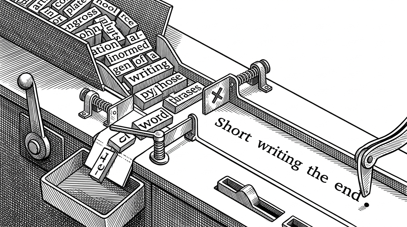 A close-up control panel where bland AI phrases and banned punctuation are blocked by physical gates, while a cleaner conversational sentence passes through. The image explains how constraint is used to shape voice and suppress cliché.