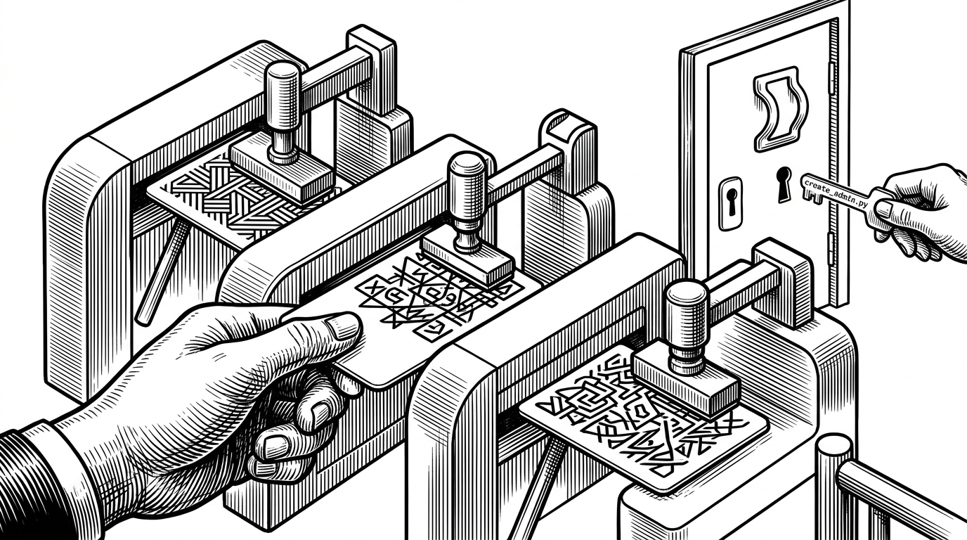 A close-up editorial scene of a passport checkpoint where a user card passes through password hashing, JWT token, and reset token gates. A side door marked for admin bootstrap opens once with a single key. It explains how the app turns identity and recovery into a sequence of enforced trust checks.