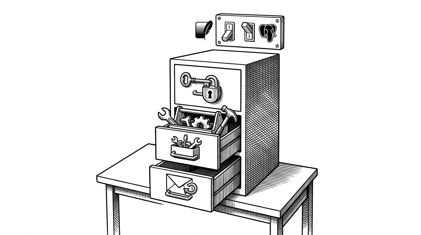A wide editorial scene of a compact workbench with a locked filing cabinet labeled for auth, skills, and reset email, plus a small control panel that switches between SQLite and Postgres. It explains how a small repo can still contain the machinery of a real web product.