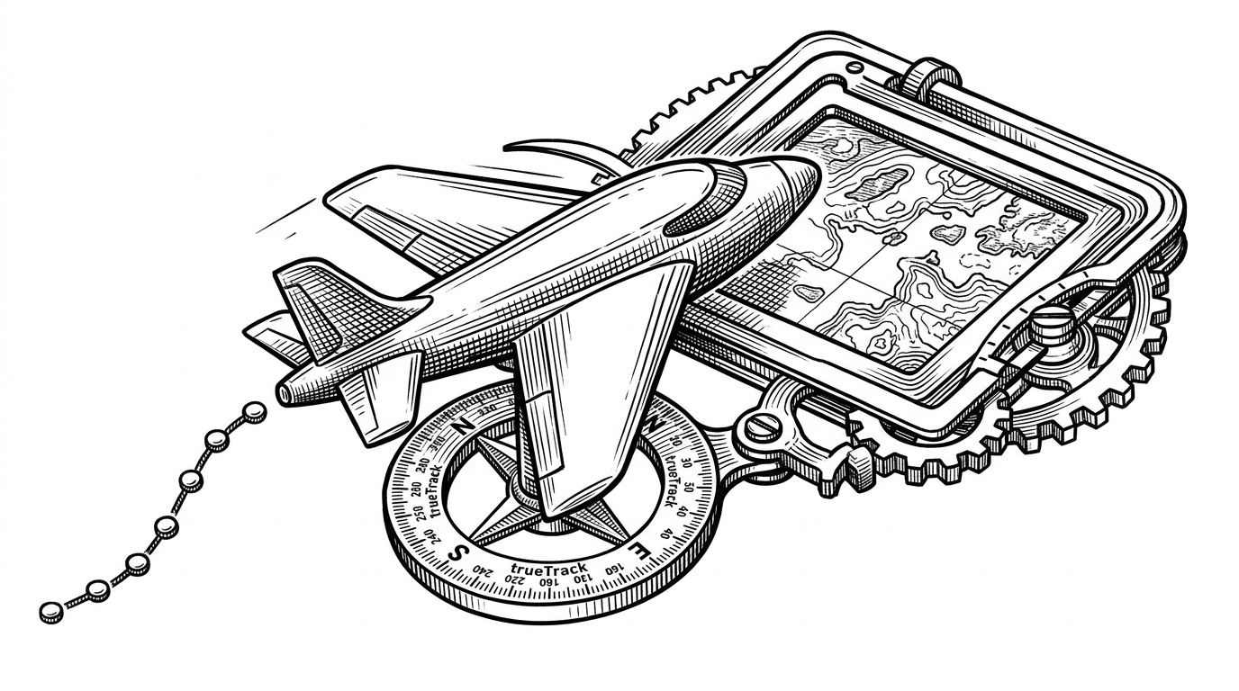 A close mechanical view shows a single aircraft marker being rotated, fitted into a viewport, and followed by a short breadcrumb trail. The image explains how the map surface combines orientation, auto-fitting, and history into one coherent live view.