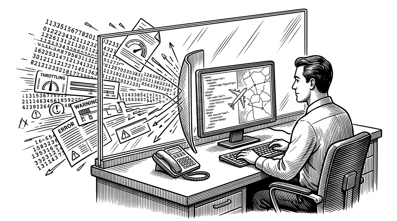 A control-room desk sits in front of a flight map while a glass barrier absorbs a storm of raw data slips, rate-limit warnings, and error symbols. The scene explains how the server shields the interface from unreliable upstream data so the map stays calm and usable.