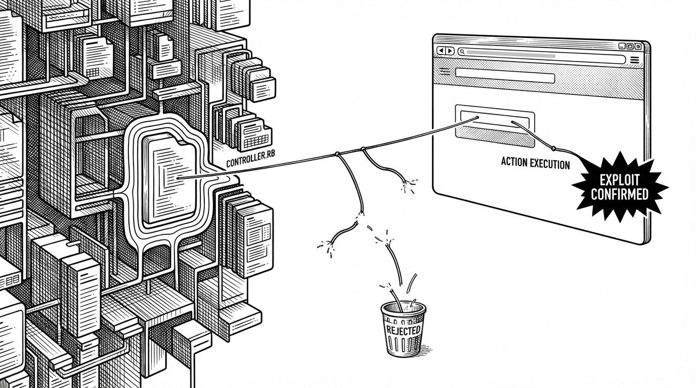 A close-up of a source map linked to a browser window by taut threads. One thread runs from a controller file into a form field, then into a browser action, and finally into a confirmed exploit marker. Failed branches break off and disappear into a rejected bin.