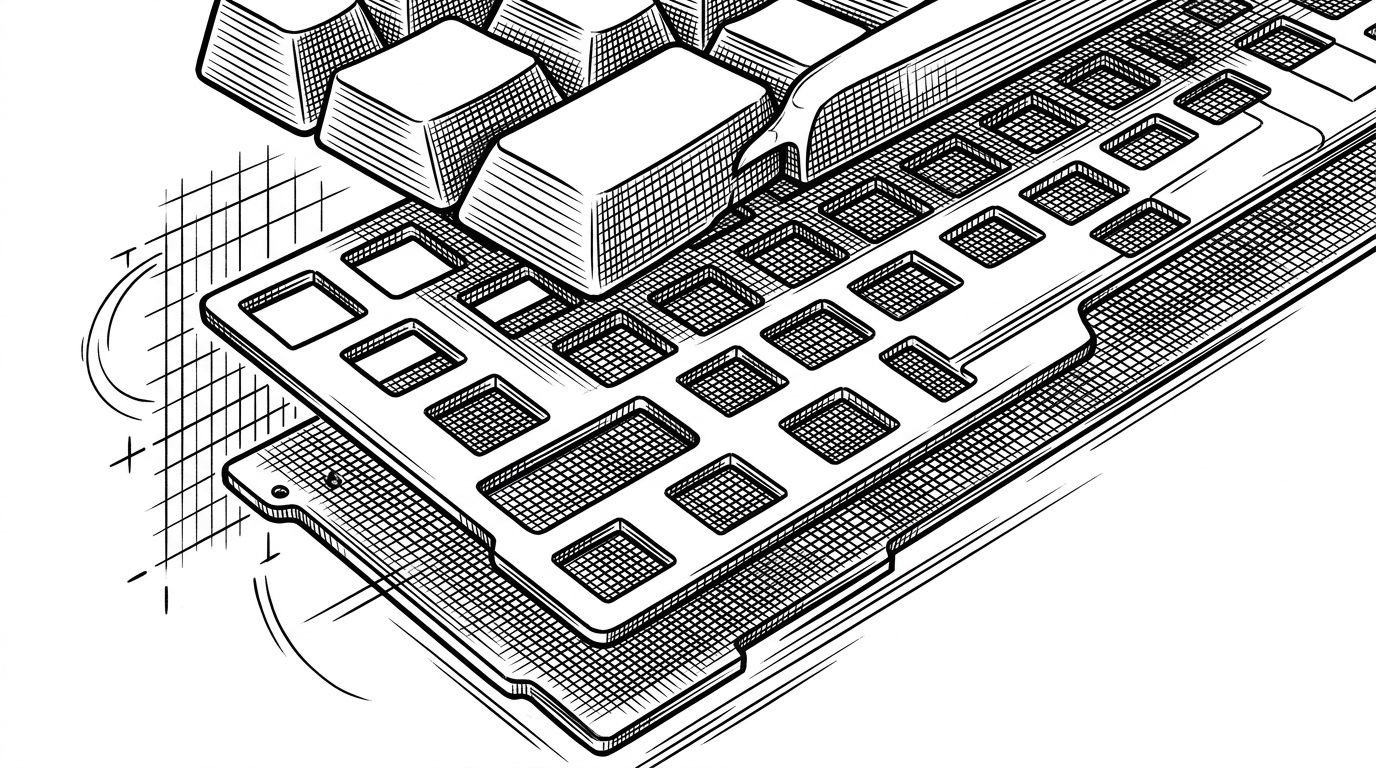 A close-up of a keyboard plate floating between the PCB below and keycaps above. A measurement grid and a magnetic field arc sit beside it, making clear that tiny changes in geometry affect feel and sensor behavior.