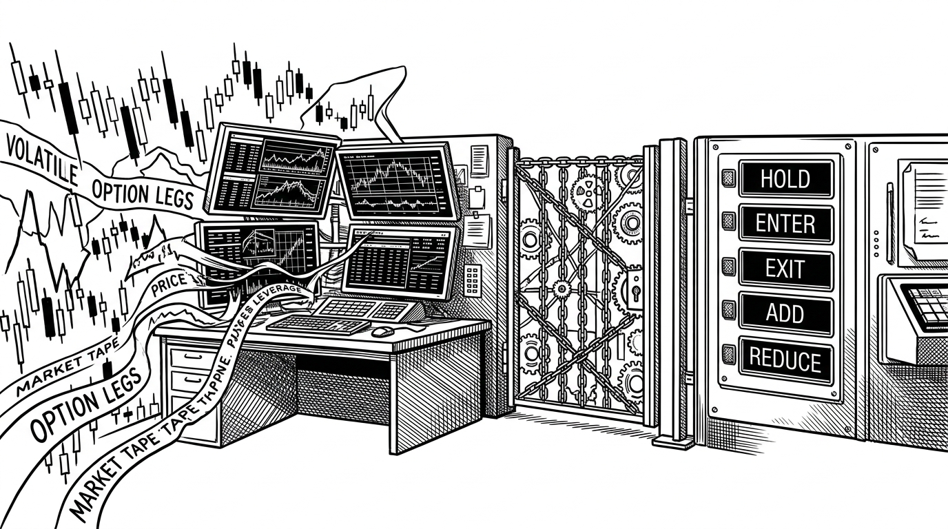 A trading desk split into two worlds. One side is a storm of market movement, option legs, and price pressure, while the other side is a rigid control panel with only a few permitted moves. The image explains that this system does not let the agent act freely, it forces decisions through market rules and capital limits.