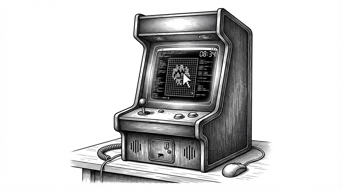 A terminal window presented like a tiny arcade cabinet, with a mouse cursor aiming at an ASCII target while a countdown runs beside it. The image explains the article’s core idea: the terminal is not just printing text, it is acting as the game surface.