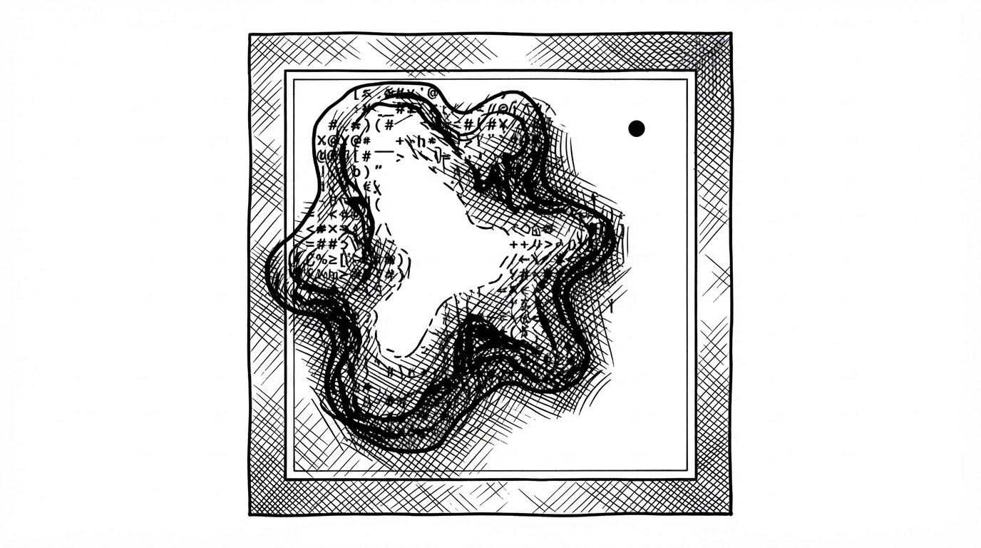 A close-up of a target shape sitting inside a larger square boundary, with a cursor click landing in an empty corner but still registering as a hit. The image explains the project’s core design choice: the game checks a bounding box, not the exact outline of the visible ASCII target.