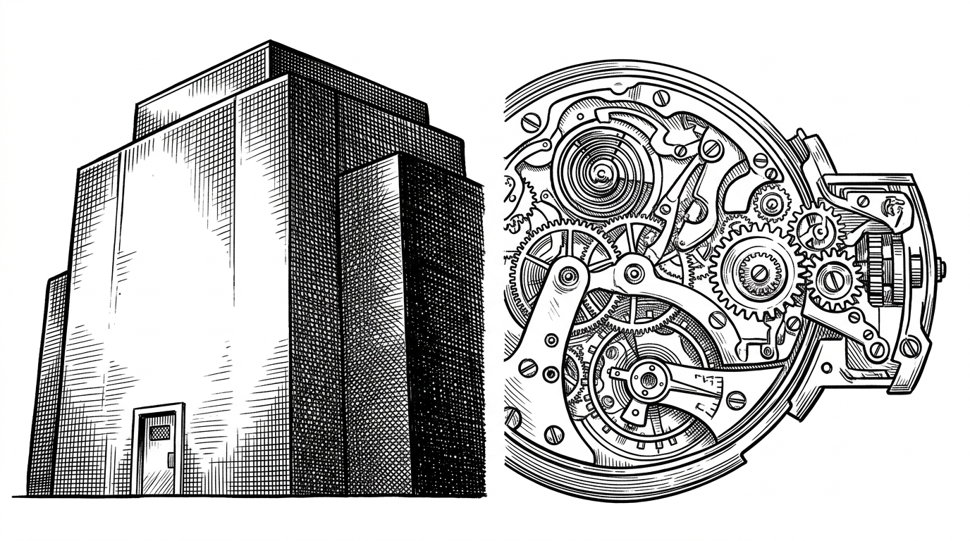 A visual comparison of a monolithic factory structure next to a complex clockwork mechanism that has a new, sleek module seamlessly grafted onto it. This represents the difference between adopting a completely new standalone IDE versus installing a powerful extension into an existing workflow.