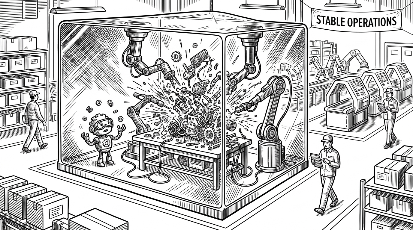 A mechanical arm assembling chaotic machinery inside a thick quarantine tent, while the rest of the factory floor outside remains clean and organized. This illustrates the Git worktree isolation concept.