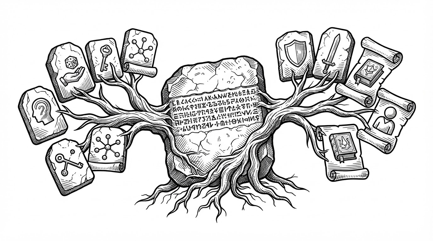 A central engraved slab labeled as the shared entity layer splits into two branches, one toward player data and one toward character data. The shared fields sit in the middle while specialized fields peel outward, showing how the schema separates common identity from role-specific details.