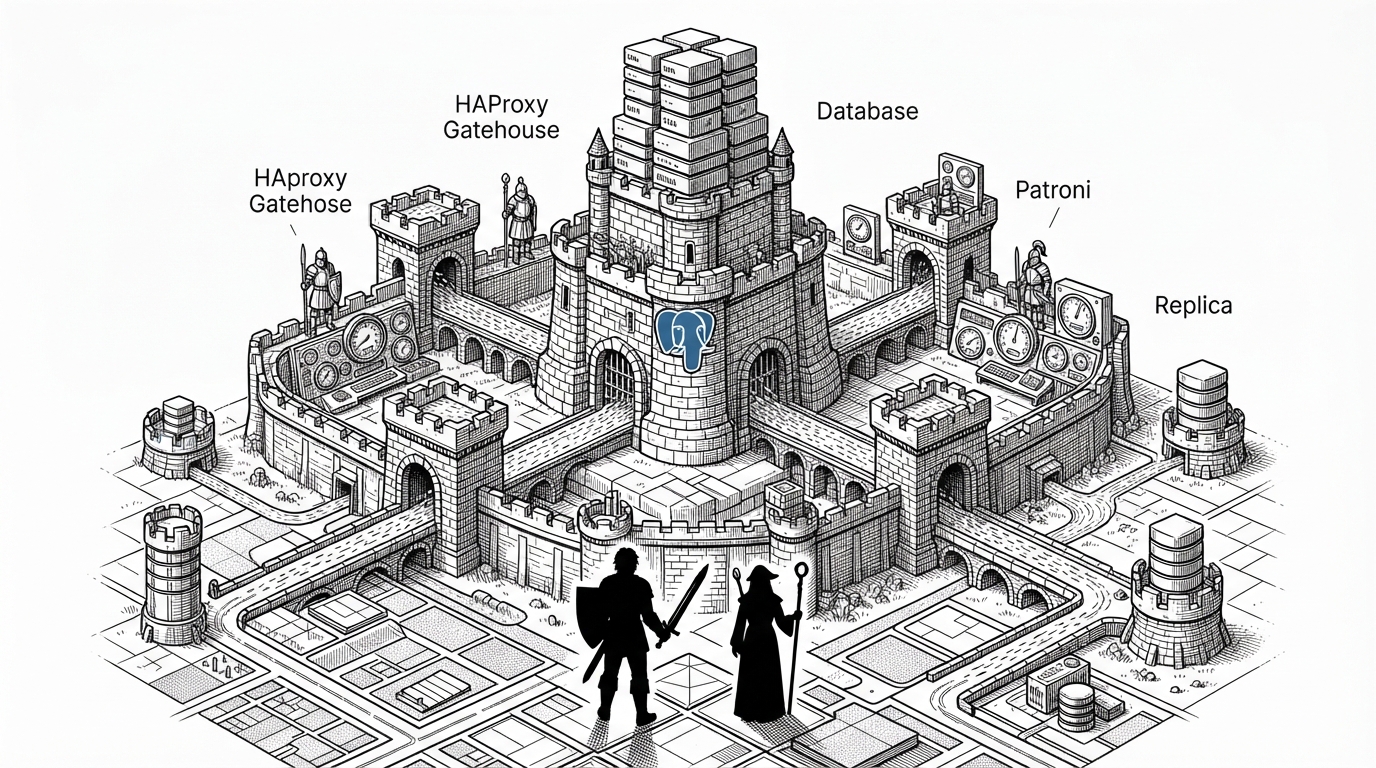 A fortified game kingdom rises from a grid of data tiles, with a database core at the center and routing gates, sentinels, and monitoring dials layered around it. The scene explains that this RPG project is really an infrastructure system first, with game state protected by orchestration, routing, and observability.