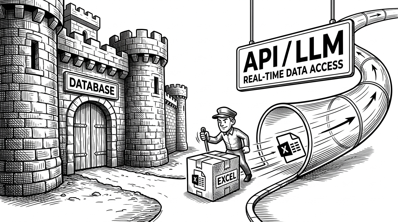 An Excel file at a junction, with one path leading to a heavy stone fortress and another to a high-speed glass pneumatic tube, representing the choice between database persistence and API interoperability.