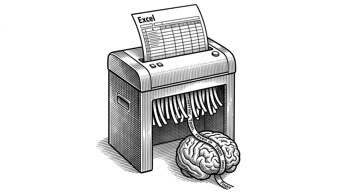 A vintage industrial paper shredder converting a rigid Excel spreadsheet into a sleek thread of text woven into a brain shape, representing the conversion of heavy tabular data into token-efficient AI context.