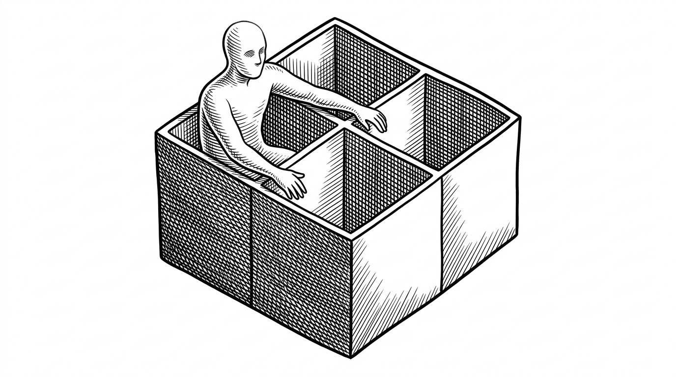 A 3D grid of cells where a ghostly figure in the top-left corner reaches out to fill the empty space of a merged block, illustrating the resolution of merged cell values.